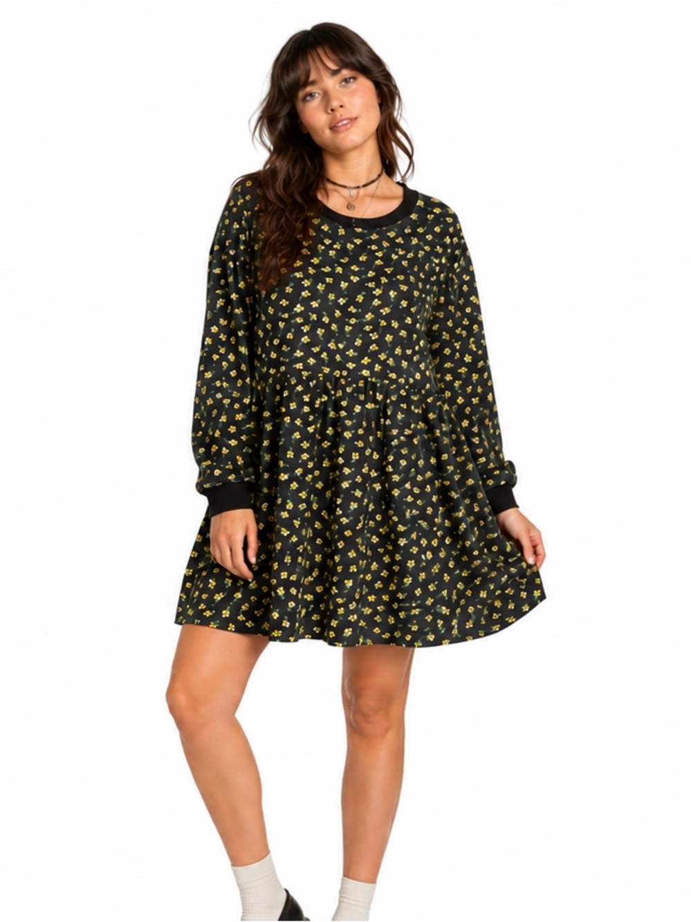 Daisy Street Curve plus 24 Black Yellow Floral Long Sleeve Babydoll Dress